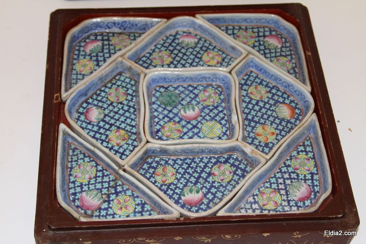 Chinese Lacquer Box with Porcelain Dishes Peacocks  