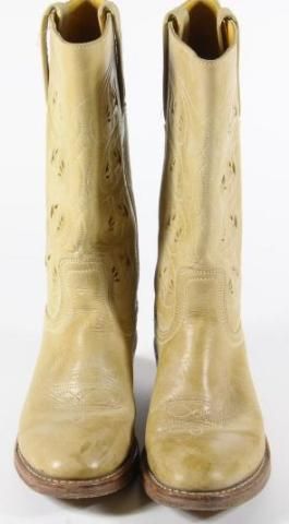 Frye Khaki Leather Floral Perforation Western Pull On Cowboy Boots 