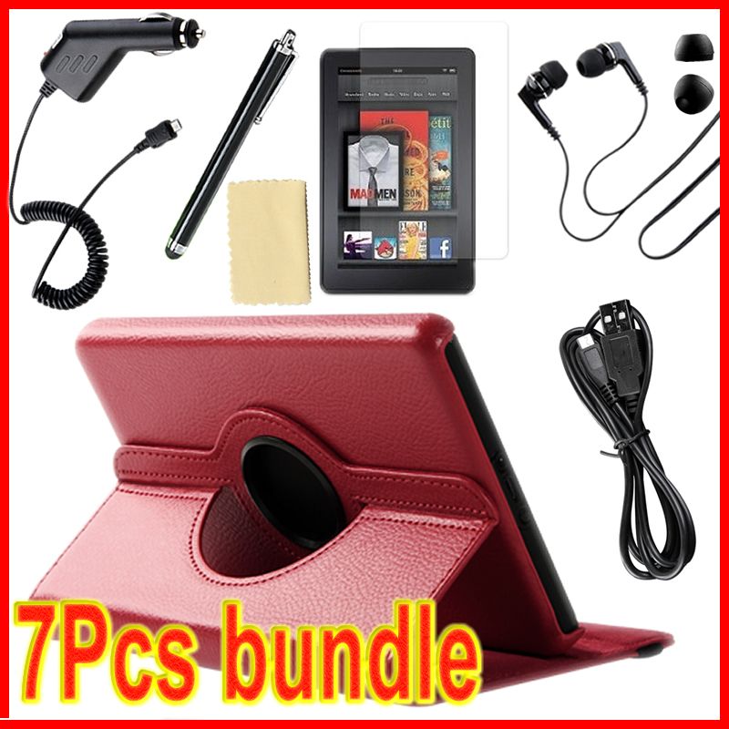 Red For Kindle Fire PU leather Case Cover/Car Charger/USB Cable/Stylus 