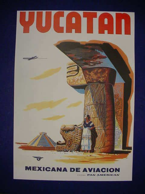 1960 Pan Am Yucatan Mexico Mexicana de Aviacion Poster  