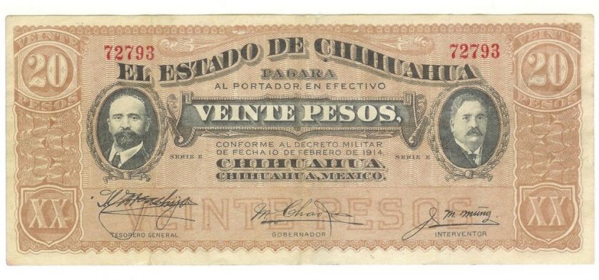 Mexico, El Estado de Chihuahua state 1914 20 Pesos; VF  