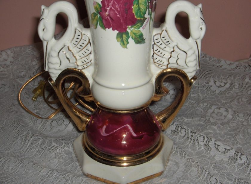   Lamp Ruby Roses Swan Handles Gold Accents Worrall Signed 1940s  