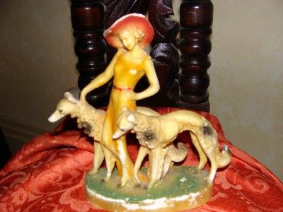   DECO WOMAN & BORZOI RUSSIAN WOLFHOUND DOG STATUE 1900S OLD  