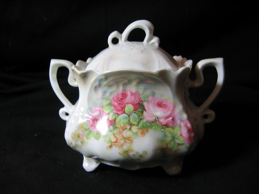 antique square pink roses double handle sugar bowl  