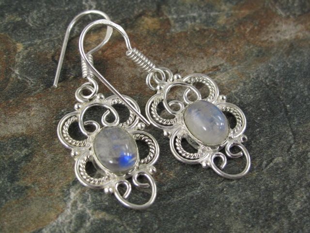 beautiful shiny moonstone *** Earrings Silver   1.75 in  @ 