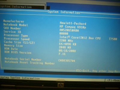 HP Compaq 6910p Laptop Core 2 Duo 2.20GHz 2GB Ram No HDD  