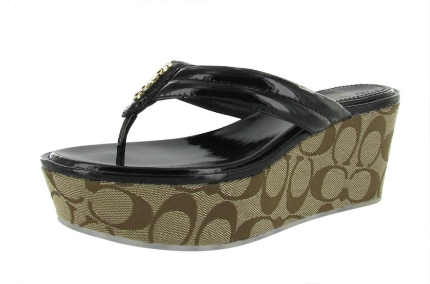 COACH Nella Signature Jacquard Print Patent Leather Thong Womens 