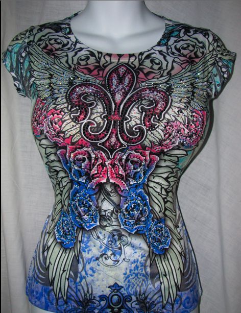 RAINBOW Fuchsia Roses~N~Fleur De Lis Angel Wing Rhinestone Tattoo Top 