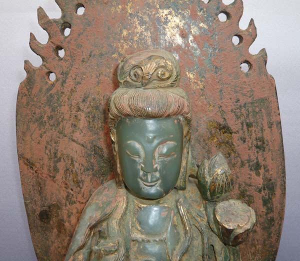 12Old Chinese Green Jade Gilt Kwan Yin Quan Yin Statue  