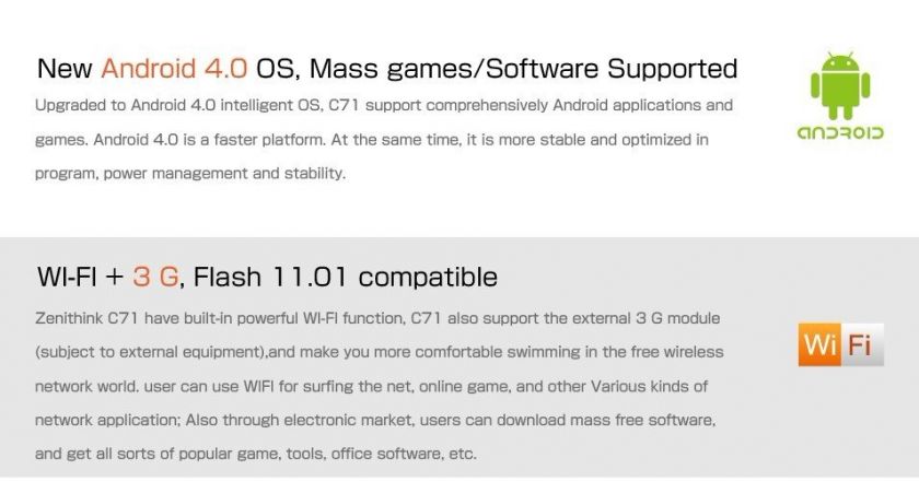 Zenithink C71 Cortex A9 1GB DDR 8GB HD zt280 Capacitive touch screen 