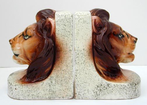 Vintage Ceramic Lion Bookends by Chase of Japan  