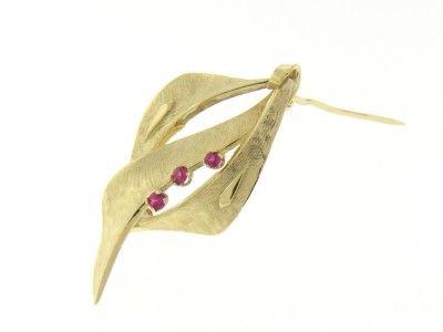 VINTAGE 14K YELLOW GOLD YG RUBY FLORENTINE BROOCH PIN  