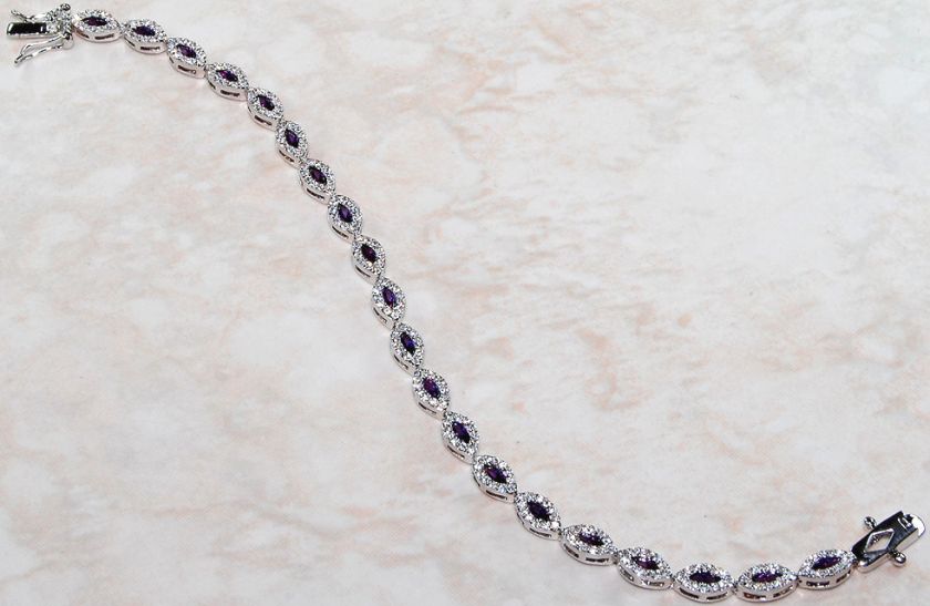 Amazing Amethyst & White Topaz 925 Solid Sterling Silver Bracelet 7.5 