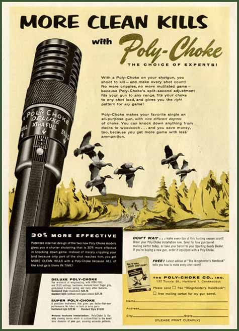 DUCK HUNTING SCENE IN 1958 POLY CHOKE SHOTGUN CHOKES AD  