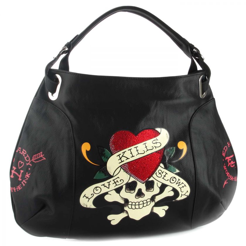 Ed Hardy Black Love Kills Slowly Tori Hobo Bag  Black  