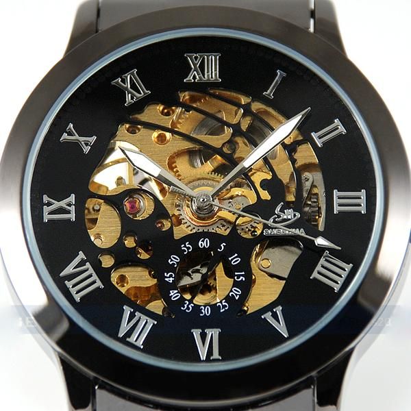 Black Fashion Luxury Titanium Automatic Skeleton Mechanical Mens Wrist 