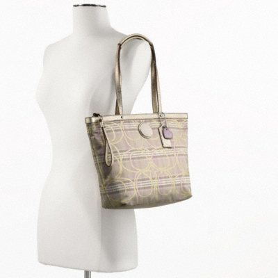 NWT COACH SPRING SIGNATURE STRIPE MULTICOLOR LILAC/PUPLE PLAID TOTE 