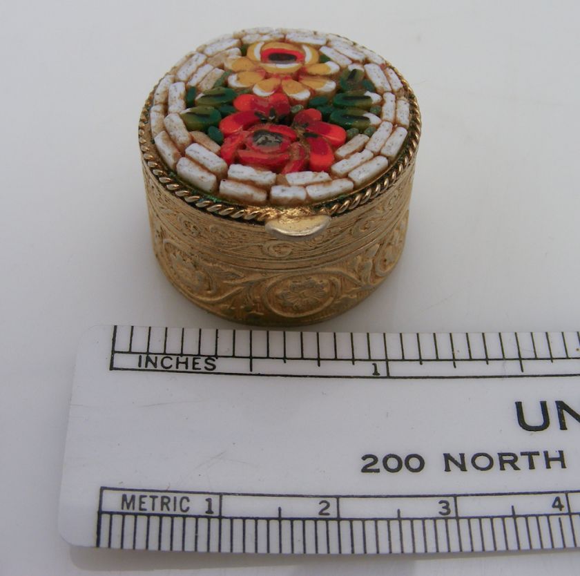 Vintage Engraved Micro Mosaic Flower Pill Box Italy  