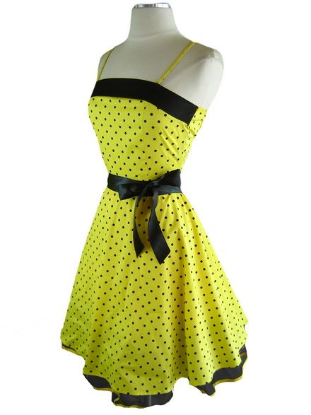 50s Style Yellow POLKA DOT PINUP Full Skirt Sun Dress  