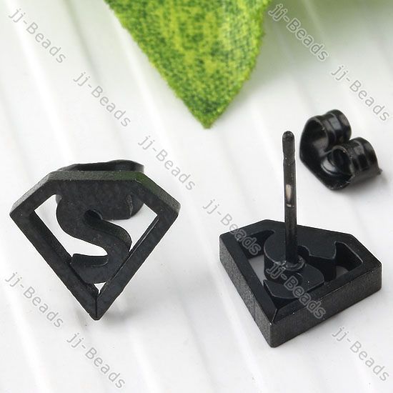 2pc Black Superman S Symbol Logo Steel Men Earring Stud  