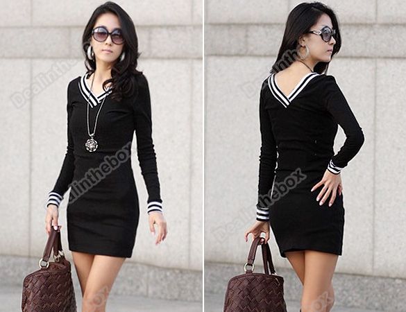   Lady Casual Long Sleeve V Neck Cotton T Shirt Mini Dress 3 Size  