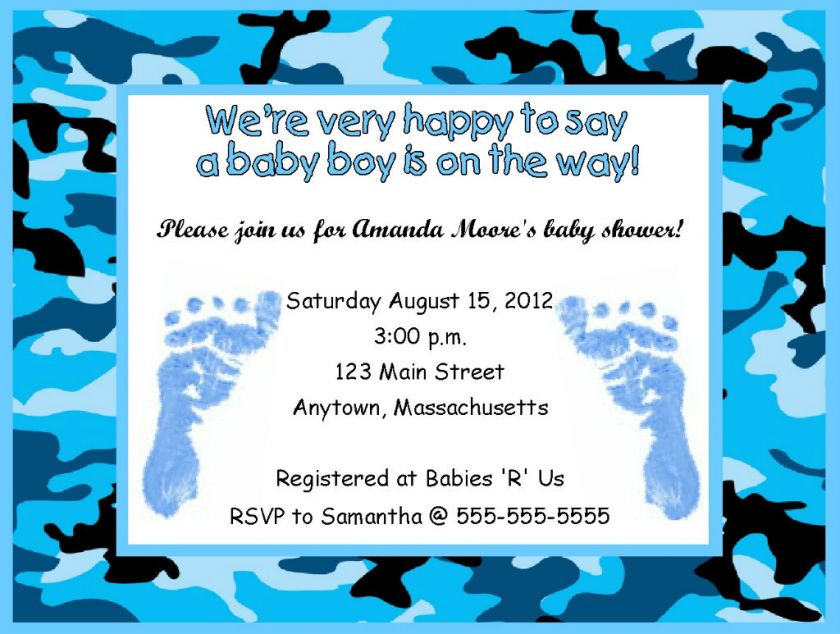 Boy Blue Feet Camouflage Baby Shower Invitations  