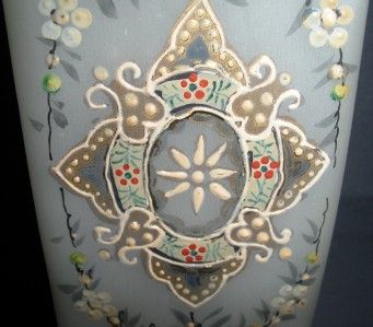 WHITE ENAMELED BRISTOL GLASS HANDPAINTED VASE VINTAGE  