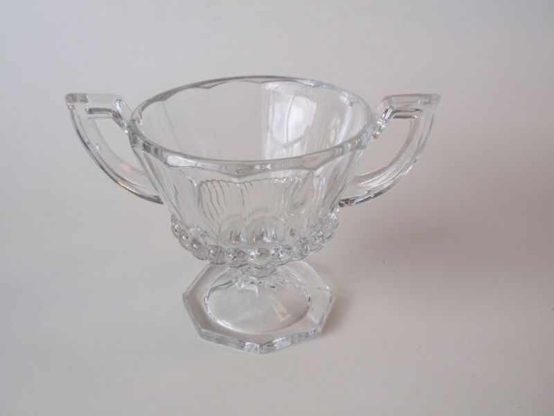 Vintage Octagonal Footed Handled Glass Sugar Bowl Clear  