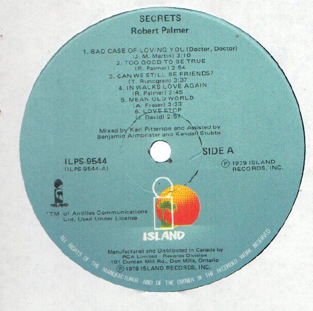   Palmer Secrets LP VG++/NM Canada Island ILPS 9544 Lyric sleeve  