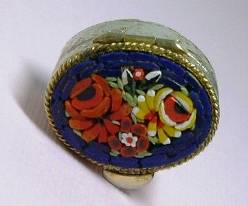   Italian MICRO MOSAIC Floral Etched Gilt Pill Trinket Snuff Box  