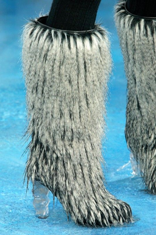 CHANEL WINTER 2010 RUNWAY FAUX FUR CLEAR ICICLE HEELS GREY PLATFORM 