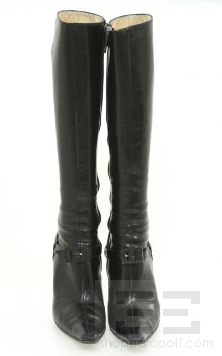 Jimmy Choo Black Leather Knee High Violet Heeled Boots Size 38  