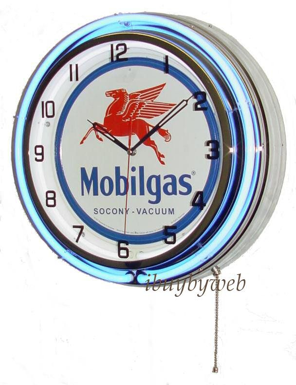 18 Mobil Gas Oil Double Neon Retro Wall Clock Metal  