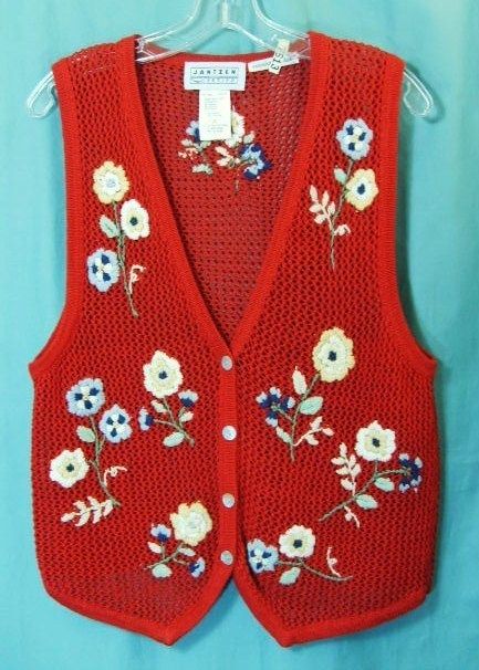 JANTZEN PETITE HAND EMBROIDERED RED FLORAL VEST, SIZE L  