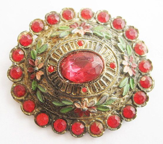 Vintage ORNATE FLOWER Red RHINESTONE PIN Little Nemo LN  