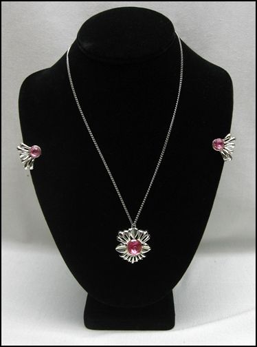 BIG PINK RHINESTONE CENTER Vintage NECKLACE Earring SET  