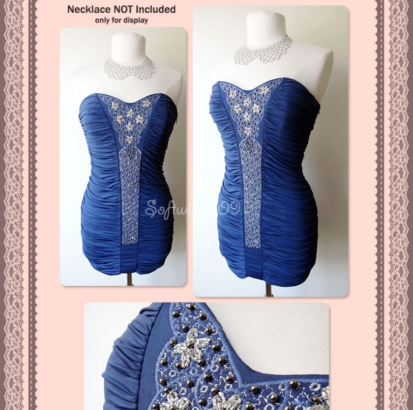 NWT Indigo Blue Embroidery Beads Embellished Ruched Fitted Cocktail 