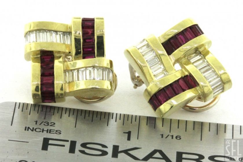   18K YELLOW GOLD 6.75CT VS1/F DIAMOND RUBY SQUARE KNOT WEAVE EARRINGS