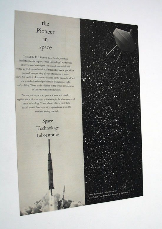 Space Technology Laboratories Pioneer Rocket 1959 Ad  