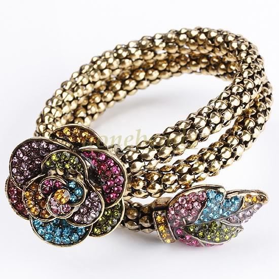 Flower Rose Leaf Snake Crystal Stretch Bracelet Bangle  