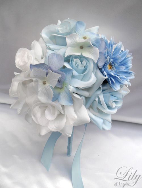 made with one white rosebud accented with light blue ribbon