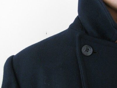 NAVY BLUE MANS VIRGIN WOOL PEA COAT EXCELLENT VTG SAILOR ANCHOR BUTTON 