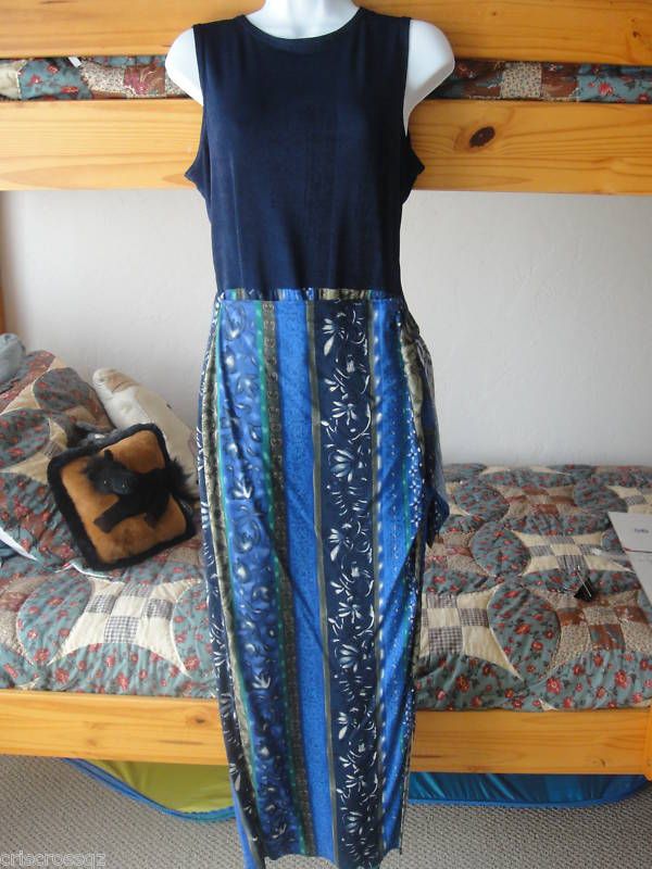 BLUE & GREEN Long STRETCH Mock Wrap SARONG Dress ~ S M  