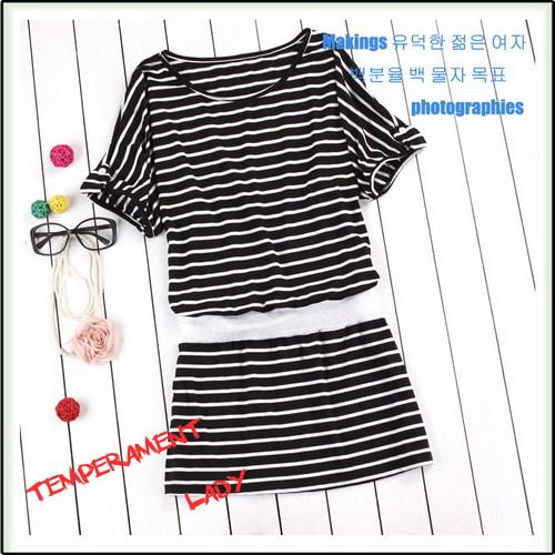 New Korea women stripe loose long tops mini dress Q354  