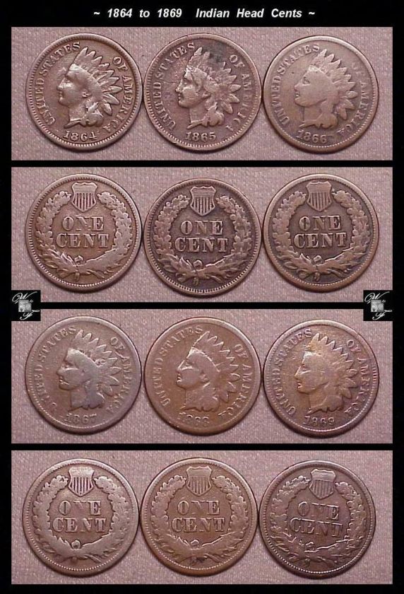 1864 to 1869 (Lot of 6) Indian Head Cents  G  