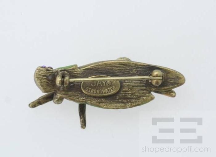 Jay Strongwater Green & Crystal Jeweled Grasshopper Brooch Pin  