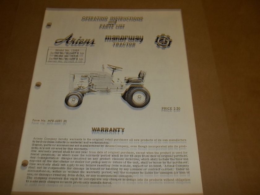c729] Ariens Operator Manual OLD Manorway Tractor  