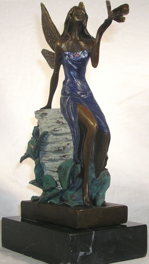 FAIRY WOMAN BUTTERFLY BRONZE SCULPTURE STATUE W/ COLOR  