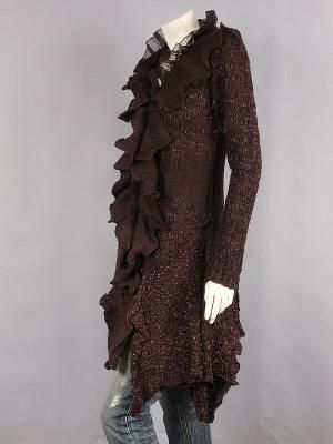 Dk Brown Long Sleeve Marled Knit Asym Ruffle Cardigan M  