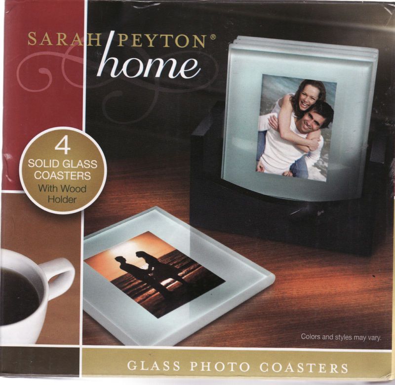 Sarah Peyton Home 4 Glass Coasters with Wood Holder NIB  